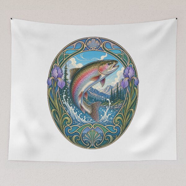 Item preview, Art Nouveau Rainbow Trout Fishing Angler Design designed and sold by AntiqueImages.