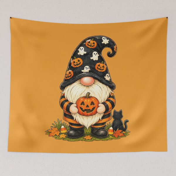 Item preview, Halloween Gnome With Pumpkin and Black Cat designed and sold by Victor Shadehorn.