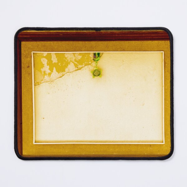 Item preview, Empty Vintage Wooden Frame On Peeling Yellow Wall With Hanging Green Ornament And Blank Space designed and sold by Nmallia.