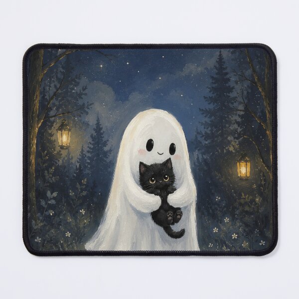 Item preview, Cute Ghost Holding Black Kitten – Cozy Halloween Gouache Illustration designed and sold by Tolchik.