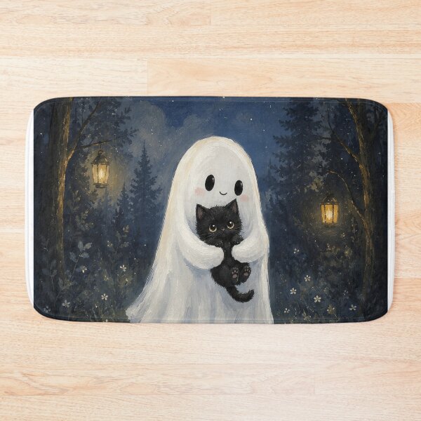 Item preview, Cute Ghost Holding Black Kitten – Cozy Halloween Gouache Illustration designed and sold by Tolchik.