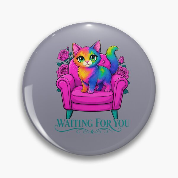 Item preview, Waiting For You – Colorful Rainbow Cat in Pink Armchair with Roses designed and sold by Aimetoi.