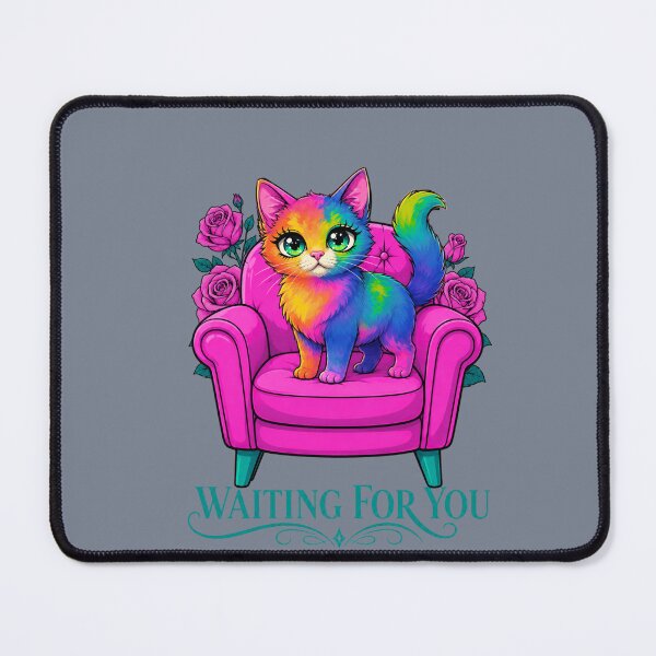 Item preview, Waiting For You – Colorful Rainbow Cat in Pink Armchair with Roses designed and sold by Aimetoi.
