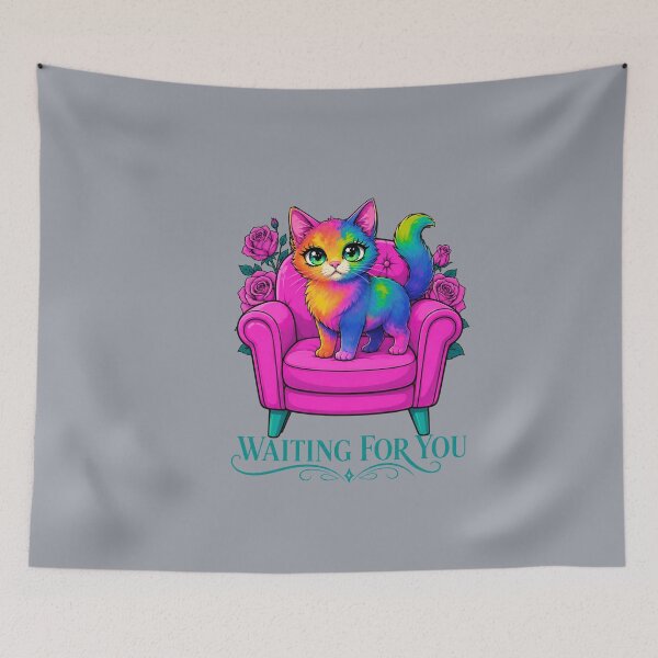 Item preview, Waiting For You – Colorful Rainbow Cat in Pink Armchair with Roses designed and sold by Aimetoi.