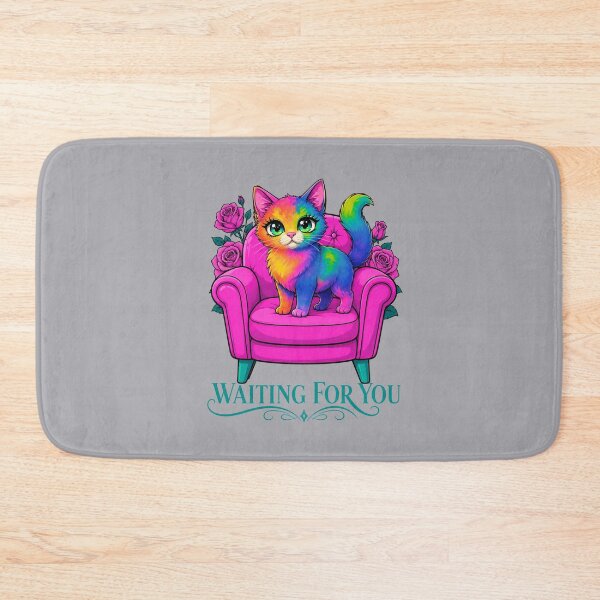 Item preview, Waiting For You – Colorful Rainbow Cat in Pink Armchair with Roses designed and sold by Aimetoi.