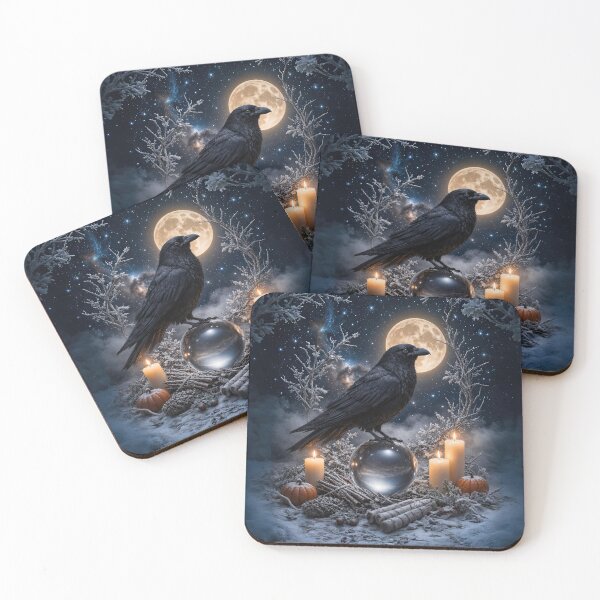 Aperçu de l'œuvre Corbeau et bougies du solstice d'hiver sous la pleine lune créée et vendue par Stephanie Laird.
