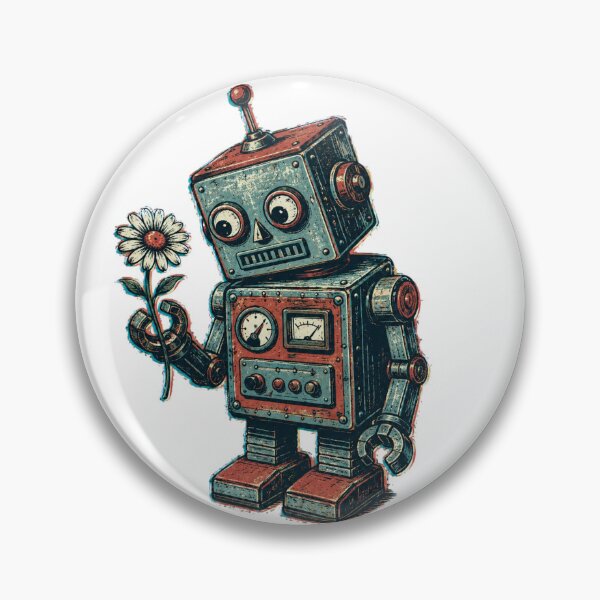 Item preview, Vintage Tin Robot Gently Holding Daisy Retro 1950s Style Screen Print Poster Illustration designed and sold by OnPointOutfits.