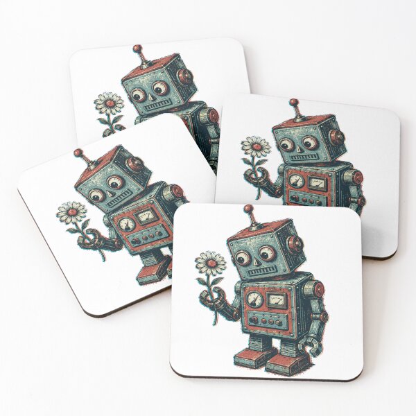 Item preview, Ilustración de póster serigrafiado estilo años 50 con un robot de hojalata vintage sosteniendo suavemente a Daisy. designed and sold by OnPointOutfits.