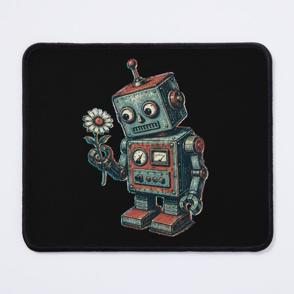 Item preview, Vintage Tin Robot Gently Holding Daisy Retro 1950s Style Screen Print Poster Illustration designed and sold by OnPointOutfits.