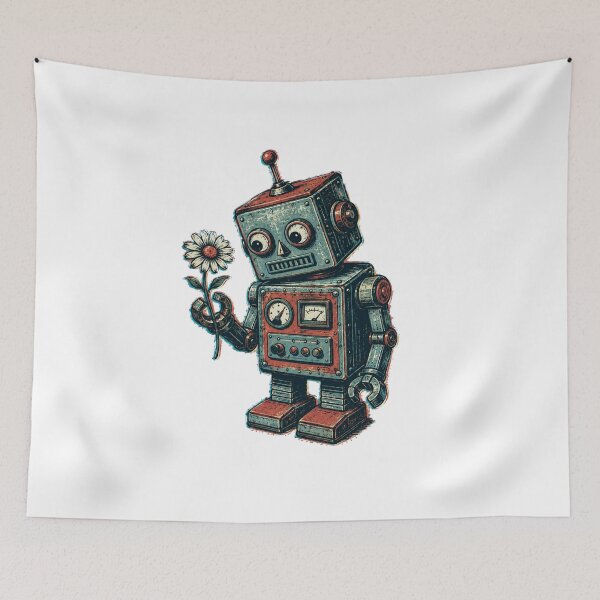 Item preview, Vintage Tin Robot Gently Holding Daisy Retro 1950s Style Screen Print Poster Illustration designed and sold by OnPointOutfits.