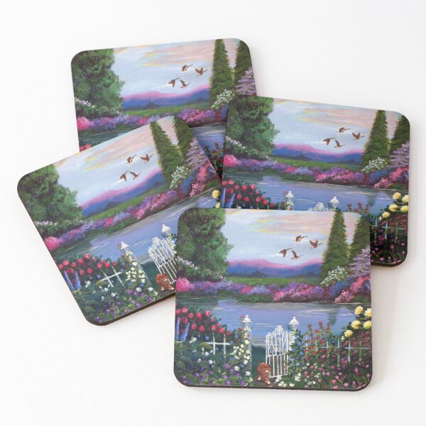 Item preview, Annette's Garden an Orange cat walks through white iron gateway pond behind and geese in the sky designed and sold by Lori Richardson.