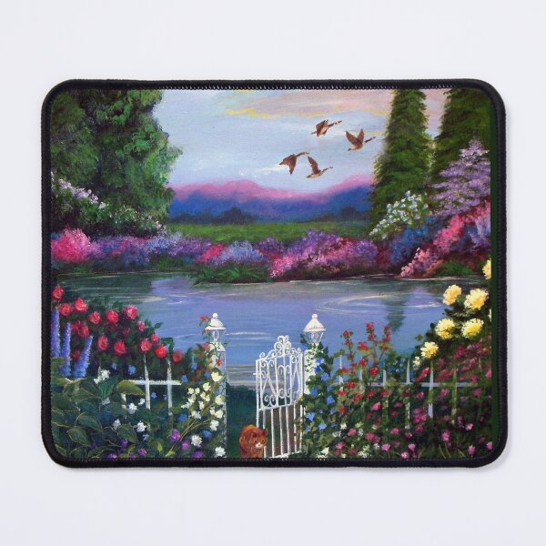 Item preview, Annette's Garden an Orange cat walks through white iron gateway pond behind and geese in the sky designed and sold by Lori Richardson.