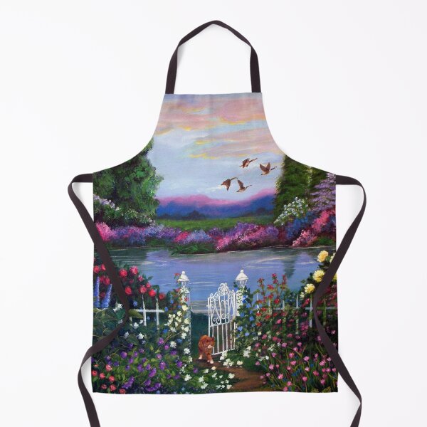 Item preview, Annette's Garden an Orange cat walks through white iron gateway pond behind and geese in the sky designed and sold by Lori Richardson.