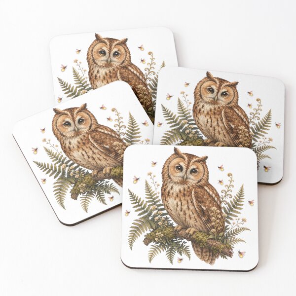 Item preview, Tawny Owl Surrounded by Fireflies designed and sold by Whimsy Paw Studio | Cute Animal Art.