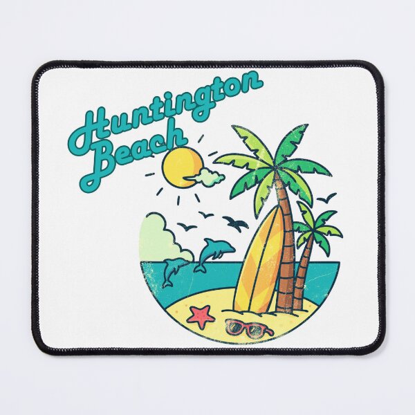Item preview, Huntington Beach California Retro Surf Badge - Palm Trees, Dolphins & Surfboard Vintage Design designed and sold by DonnaRaine.