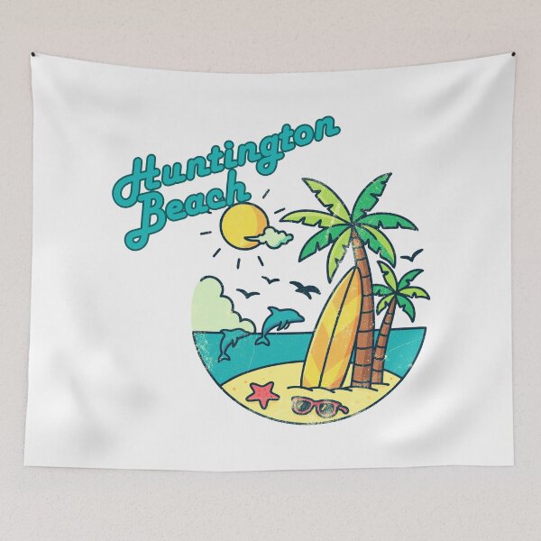 Item preview, Huntington Beach California Retro Surf Badge - Palm Trees, Dolphins & Surfboard Vintage Design designed and sold by DonnaRaine.