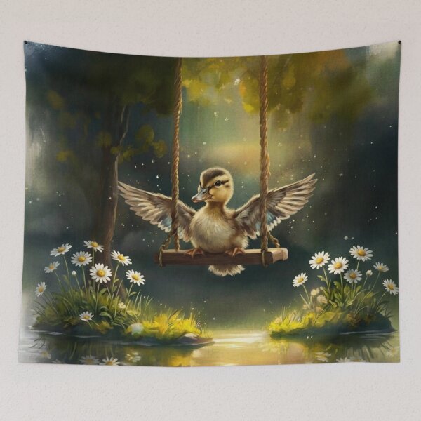 Item preview, Cute Duckling on a Tree Swing - Cottagecore Aesthetic Wild Daisy Painting designed and sold by Englandbear.