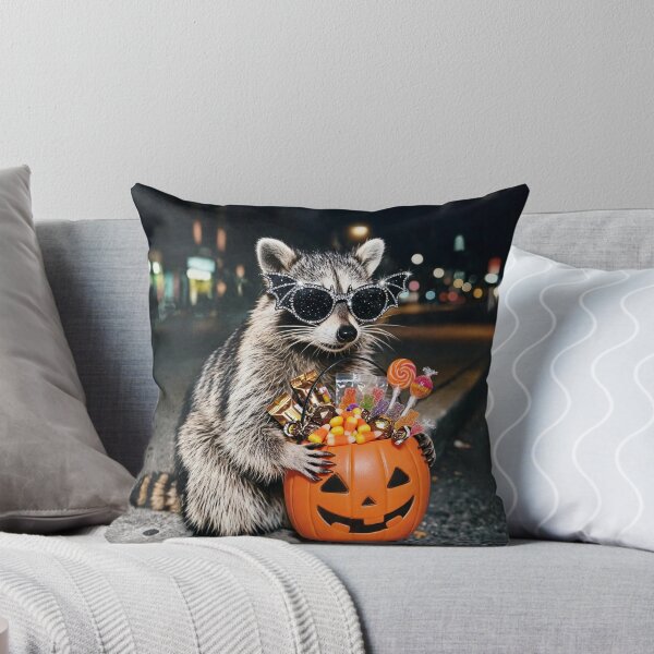 Item preview, Sparkly Halloween Trash Panda - Raccoon with Rhinestone Bat Sunglasses and Candy Pumpkin Bucket designed and sold by ICANTWithoutCOFFEE.
