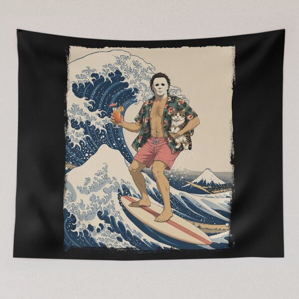 Item preview, Michael Myers Surfing the Great Wave with a cat designed and sold by keytee.