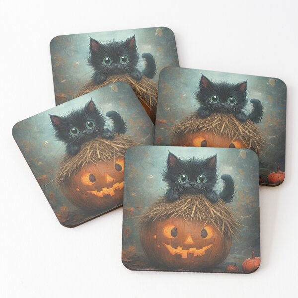 Item preview, Cute Black Kitten on Glowing Jack-o'-Lantern – Cozy Halloween Forest Illustration designed and sold by Tolchik.