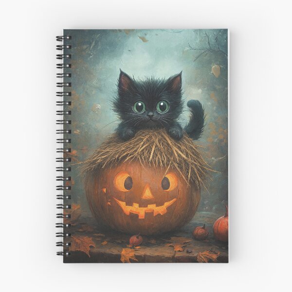 Item preview, Cute Black Kitten on Glowing Jack-o'-Lantern – Cozy Halloween Forest Illustration designed and sold by Tolchik.