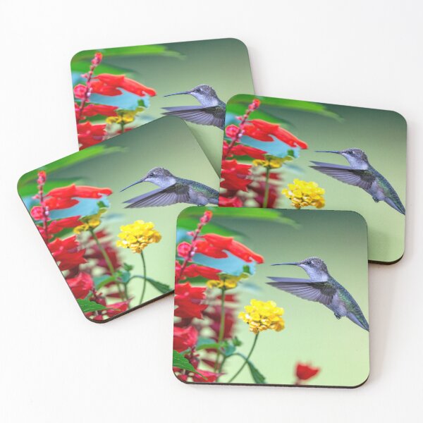 Item preview, Hummingbird hovers by red flowers designed and sold by Craig Sterken.