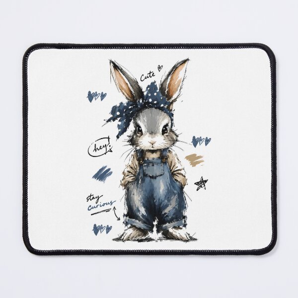 Item preview, Stay Curious Cute Bunny in Denim Overalls – Hand-Drawn Rabbit Art designed and sold by RamyGallery.
