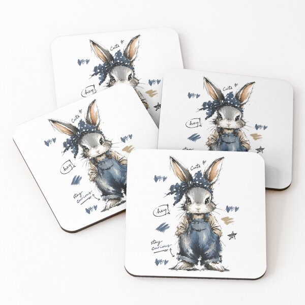 Item preview, Stay Curious Cute Bunny in Denim Overalls – Hand-Drawn Rabbit Art designed and sold by RamyGallery.