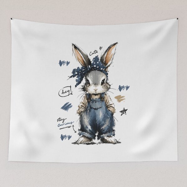 Item preview, Stay Curious Cute Bunny in Denim Overalls – Hand-Drawn Rabbit Art designed and sold by RamyGallery.