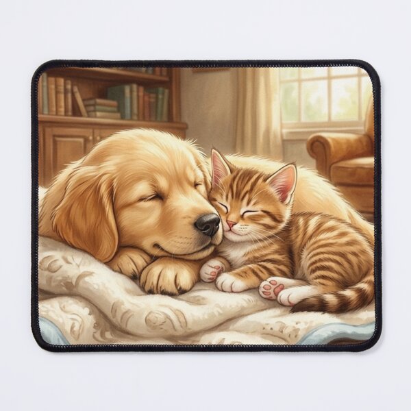 Item preview, Cozy Afternoon Nap - Cute Golden Retriever Puppy and Tabby Kitten designed and sold by StellarPro.