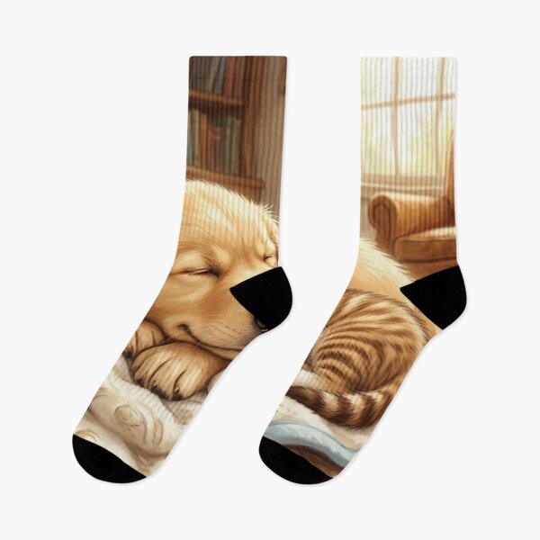 Item preview, Cozy Afternoon Nap - Cute Golden Retriever Puppy and Tabby Kitten  designed and sold by StellarPro.