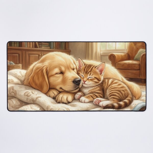 Item preview, Cozy Afternoon Nap - Cute Golden Retriever Puppy and Tabby Kitten designed and sold by StellarPro.