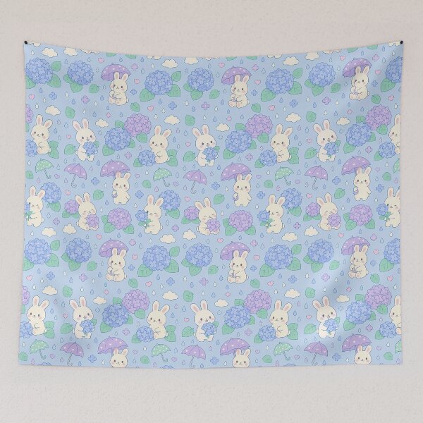 Item preview, Bunny Hydrangea Rain Kawaii Pattern designed and sold by Soft Berry Studio.