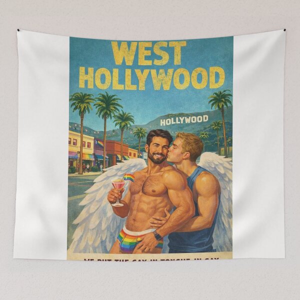 Aperçu de l'œuvre Célébration de la Gay Pride sur le Rainbow Boulevard et le panneau Hollywood à West Hollywood créée et vendue par Places On Earth.