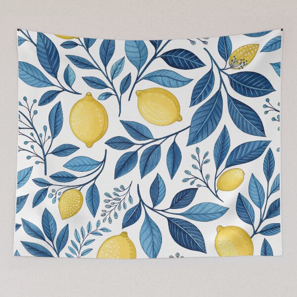 Item preview, Yellow lemons and blue leaves designed and sold by Rue Market.
