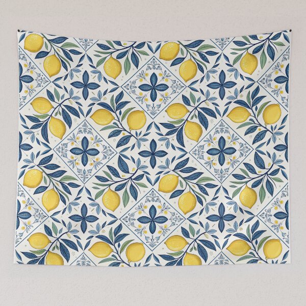 Item preview, Yellow lemons and blue leaves designed and sold by Rue Market.