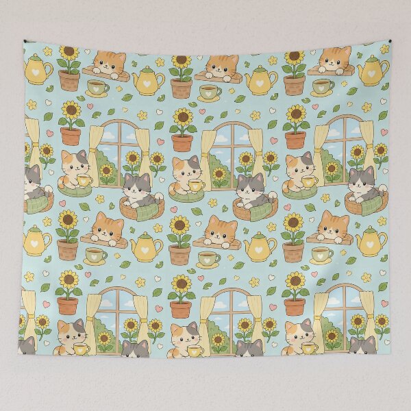 Item preview, Cozy Cat Sunflower Window Kawaii Pattern designed and sold by Soft Berry Studio.