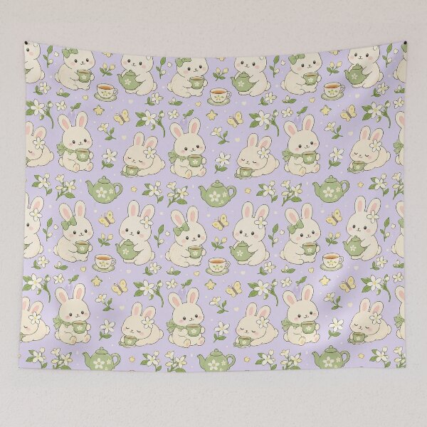 Item preview, Bunny Jasmine Tea Garden Kawaii Pattern designed and sold by Soft Berry Studio.