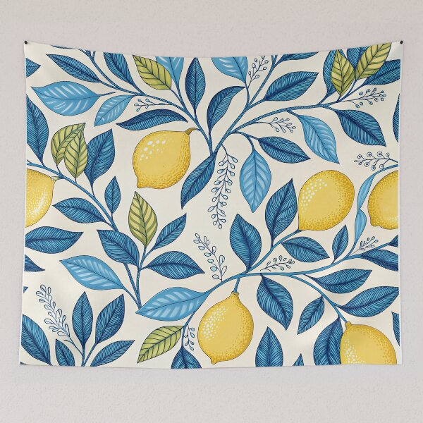 Item preview, Yellow lemons and blue leaves designed and sold by Rue Market.