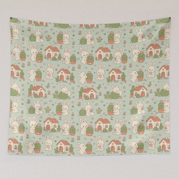 Item preview, Bunny Cactus Cottage Kawaii Pattern designed and sold by Soft Berry Studio.