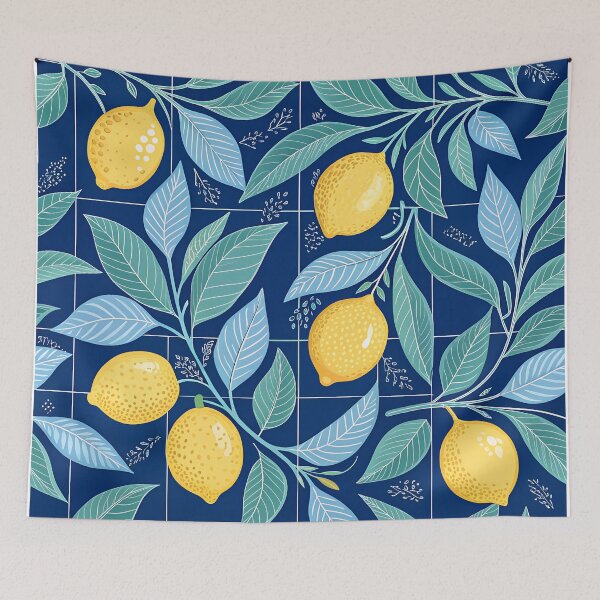 Item preview, Yellow lemons and blue leaves designed and sold by Rue Market.