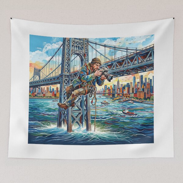Item preview, Gritty News Photographer Hanging Off A Bridge designed and sold by Home Decor Art.