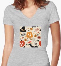 Halloween Candy And Cutie Pie Pumpkins October Pattern Women's Fitted V-Neck T-Shirt