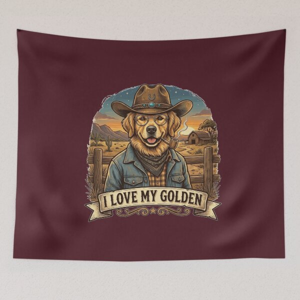 Item preview, I Love My Golden, Cowboy Golden Retriever Vintage Western Dog Illustration designed and sold by Evelashop.