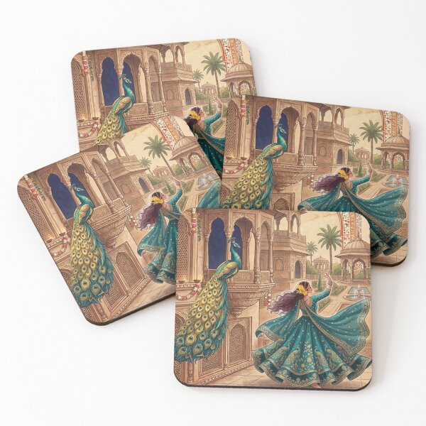 Item preview, Indian Peacock Dance Art – Mughal Palace Illustration, Traditional Indian Woman in Teal Lehenga, Royal Garden Wall Art Print designed and sold by RSDigitalPrintDesign.