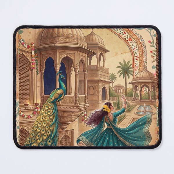 Item preview, Indian Peacock Dance Art – Mughal Palace Illustration, Traditional Indian Woman in Teal Lehenga, Royal Garden Wall Art Print designed and sold by RSDigitalPrintDesign.