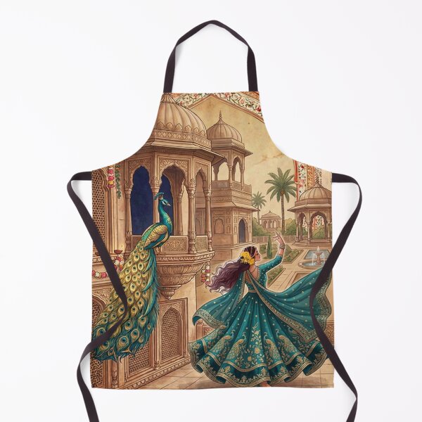 Item preview, Indian Peacock Dance Art – Mughal Palace Illustration, Traditional Indian Woman in Teal Lehenga, Royal Garden Wall Art Print designed and sold by RSDigitalPrintDesign.