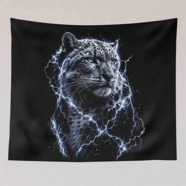 Item preview, Electric Snow Leopard | Lightning Big Cat Portrait | Blue Energy Wildlife Art designed and sold by ManJiangHong.