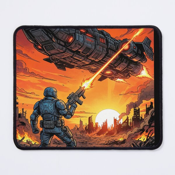 Item preview, Soldier battles spaceship in ruined city designed and sold by Safwat-Aziz.