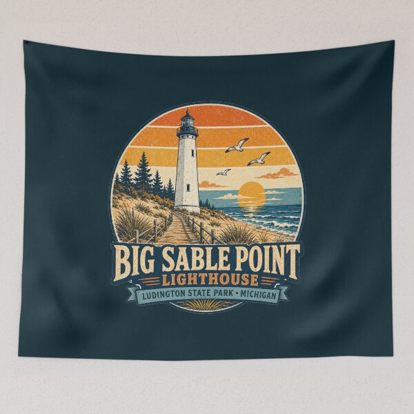 Item preview, Big Sable Point Lighthouse Michigan Retro Travel Shirt | Vintage Lake Michigan Coastal Adventure Design designed and sold by Globalcitytees.